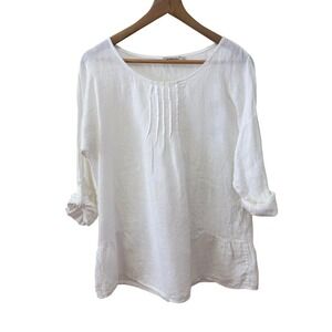 Valentina Naldi Tunic Top S White 100% Linen Made in Italy Pintuck Ruffle Hem